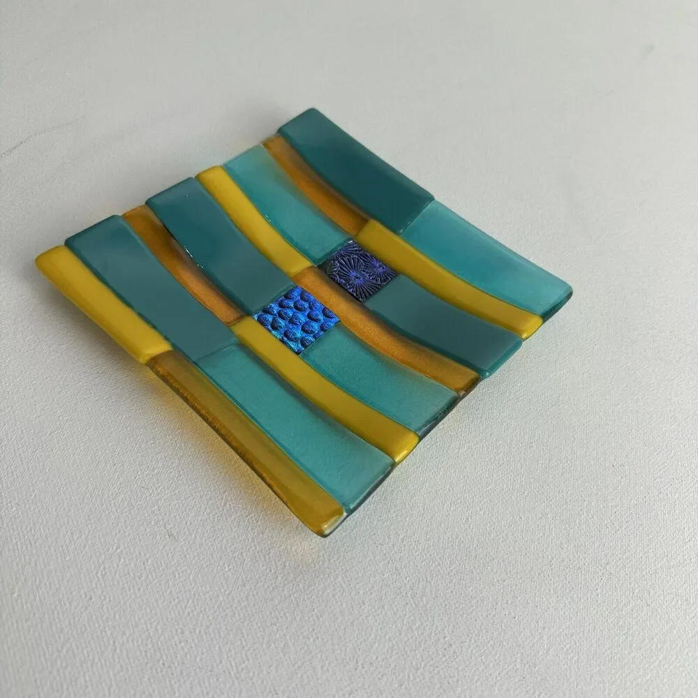 Colorful abstract Pattern Fused Art Glass Trinket Dish Tray 6” square